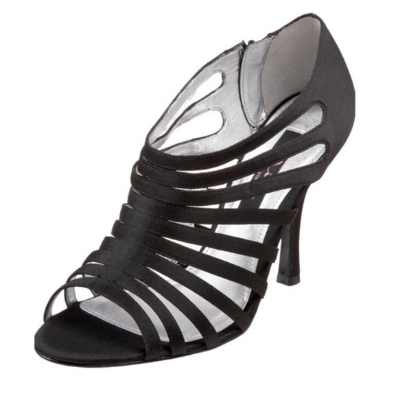 Nina Colucci Black Satin Strappy Peep Toe Pumps Size 8.5 M Ladies Satin Heels - Picture 1 of 12